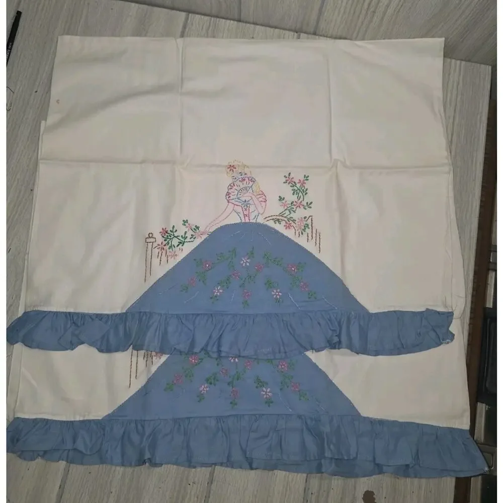 Vintage Hand Painted Embroidered Victorian Lady Pillowcase Pair Blue White Read